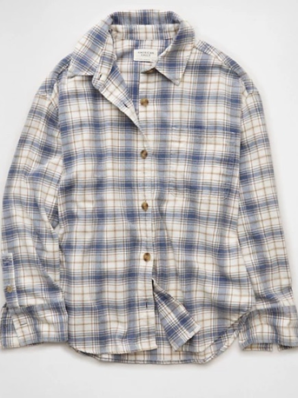 American Eagle Outfitters Blue and Cream Plaid Button-Down Shirt